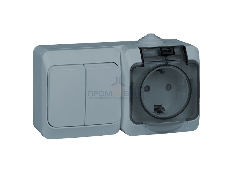 Блок выключатель двухклавишный + розетка с/з Этюд IP44 серый [уп 7шт]